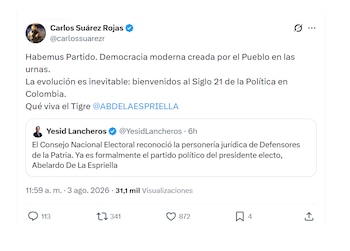 Carlos Suárez, estratega de Abelardo de la Espriella, festejó reconocimiento de Defensores de la Patria