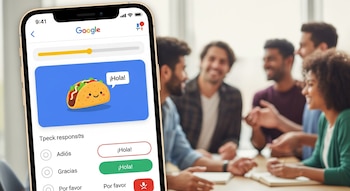 Un smartphone muestra la aplicación de Google para aprender idiomas con un taco de dibujos animados y el texto '¡Hola!'. Un grupo de jóvenes sonríe en el fondo borroso.