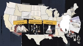Collage con la silueta del mapa de Estados Unidos, una regla amarilla partida en tres partes, un libro, números, un matraz y siluetas de personas.