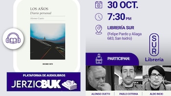 Cartel con la portada de un audiolibro, fecha, hora, sede y retratos de Alonso Cueto, Pablo Cotrina y Aldo Incio