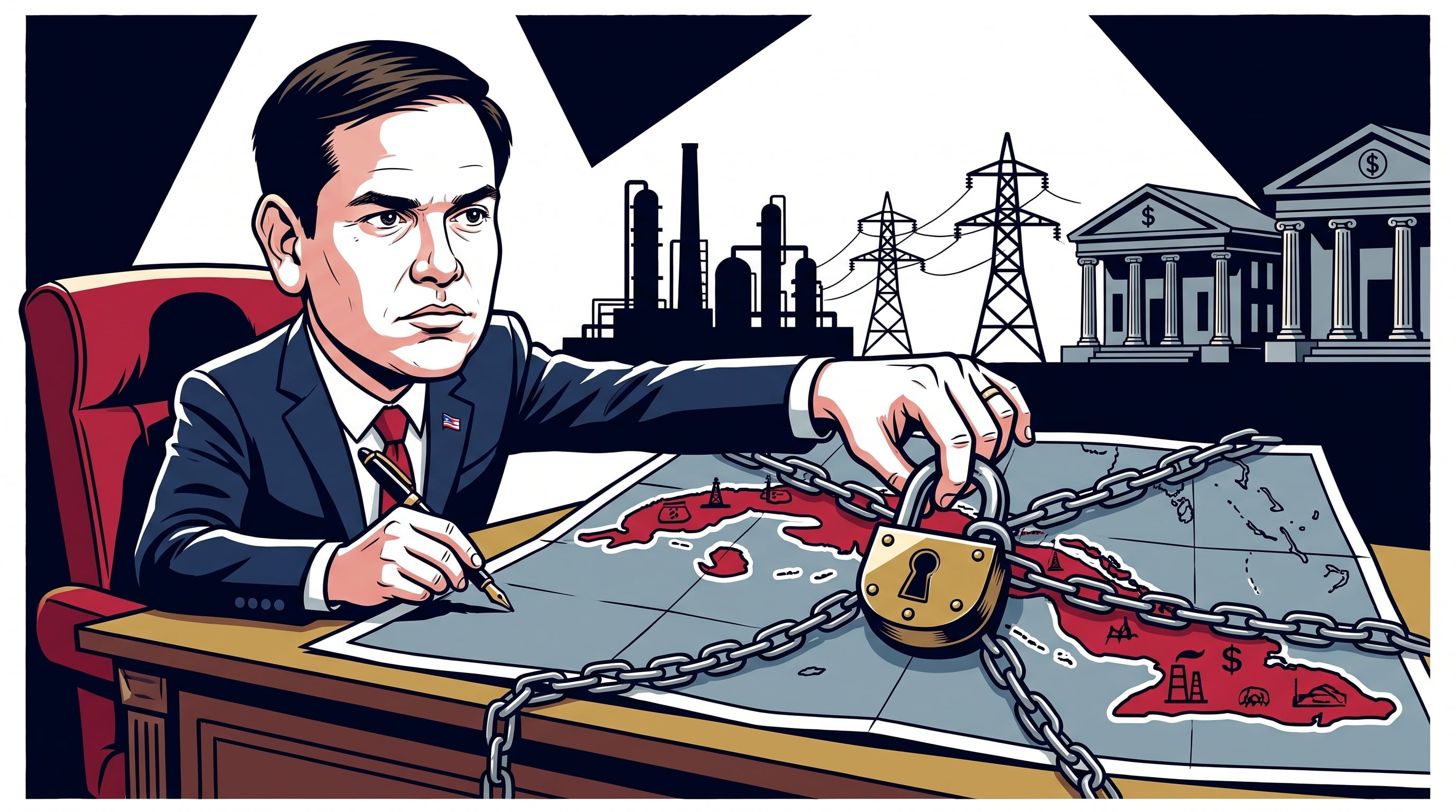 Marco Rubio coloca un candado con cadenas sobre el mapa de Cuba en una ilustración editorial sobre las restricciones financieras. (Imagen Ilustrativa Infobae)