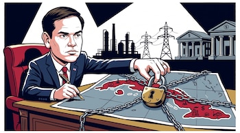 Ilustración de Marco Rubio sentado a un escritorio con un candado encadenado sobre un mapa de Cuba, rodeado de siluetas de edificios e industrias.