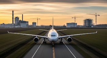 Vista frontal de un avión comercial blanco sobre una pista oscura. Al fondo, bajo un cielo de atardecer, se observan edificios industriales, chimeneas y grúas de construcción.