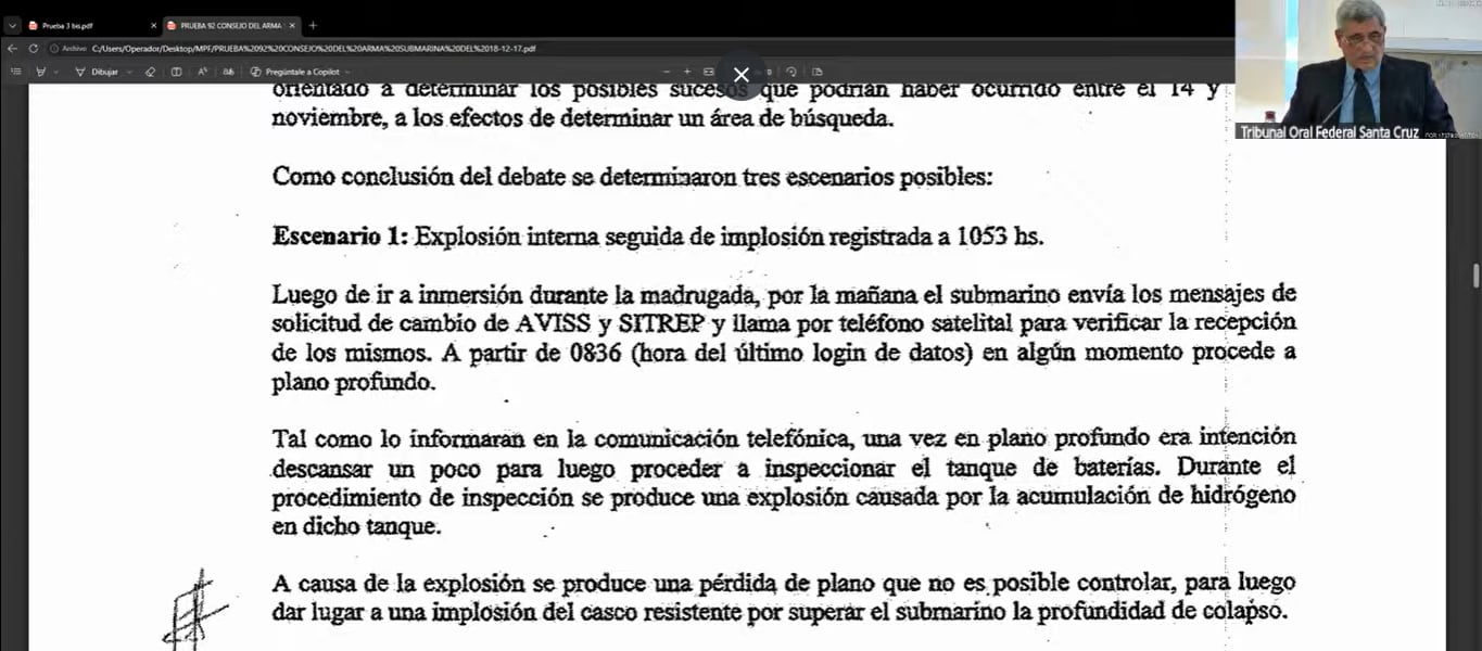 El capitán de navío Marco analizó las distintas hipótesis a las que arribó el Consejo del Arma Submarina en diciembre de 2017 respecto a lo que pudo haber sucedido con el ARA San Juan