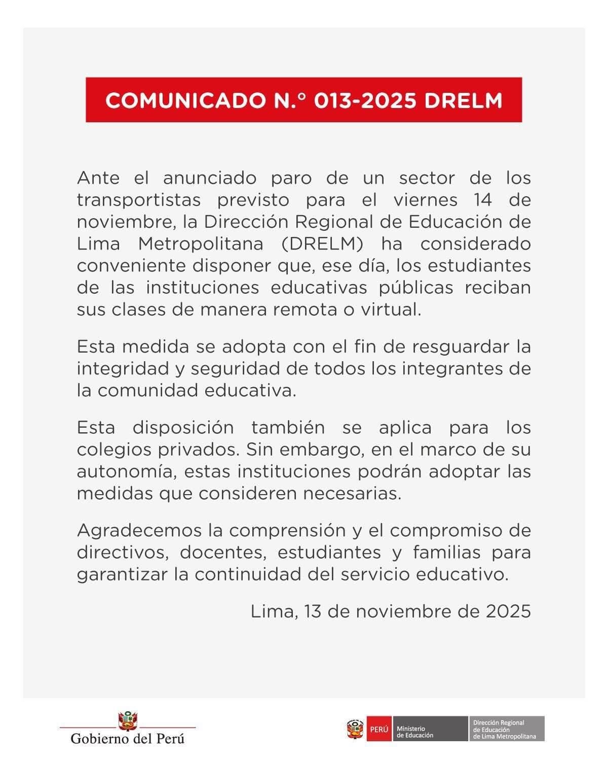 Comunciado del Ministerio de Educación