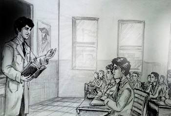 Dibujo sepia de dos hombres jóvenes, uno con gorra y gafas, ambos con chaquetas. En esquina superior izquierda, mapa de Islas Malvinas y año 1982. Texto de dedicatoria abajo