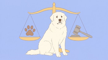 Perro Gran Pirineo blanco sentado, detrás una balanza de la justicia dorada, un platillo con huella de perro y otro con mazo judicial, fondo azul.