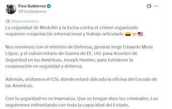 “Con la seguridad no se improvisa", dijo el alcalde de Medellín en una publicación en X - crédito @FicoGutierrez/X