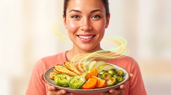 Una mujer sonriente sostiene un plato de cerámica con coles de Bruselas, peras, caquis, alcachofas y chirivías con destellos luminosos.