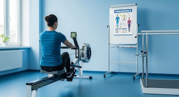 Una persona de espaldas hace ejercicio en una máquina de remo. Una pizarra blanca con el título Parkinson's y diagramas del cuerpo humano. Sala azul con ventana.