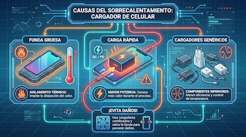 Infografía moderna con fondo azul oscuro mostrando las causas del sobrecalentamiento de cargadores de celular: funda gruesa, carga rápida, y cargadores genéricos.