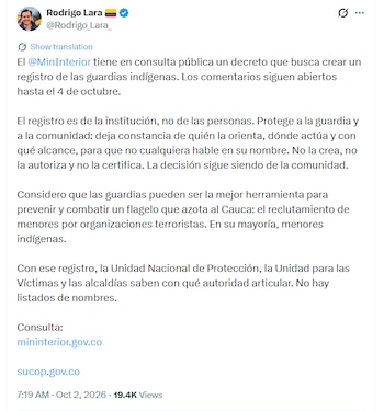 Lara también relacionó la iniciativa con la situación del Cauca y afirmó que las guardias indígenas pueden contribuir a prevenir y combatir el reclutamiento de menores por organizaciones terroristas, particularmente en comunidades indígenas - crédito @Rodrigo_Lara_/X
