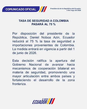 Ecuador reducirá al 75 % la tasa de seguridad para importaciones de Colombia a partir del 1 de junio de 2026 - crédito Presidencia Ecuador