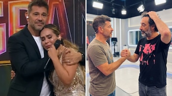 Dos paneles. Izquierda: Yaco Eskenazi abraza a Ethel Pozo, quien llora en un set de TV. Derecha: Yaco Eskenazi da la mano a Loco Wagner en un estudio.