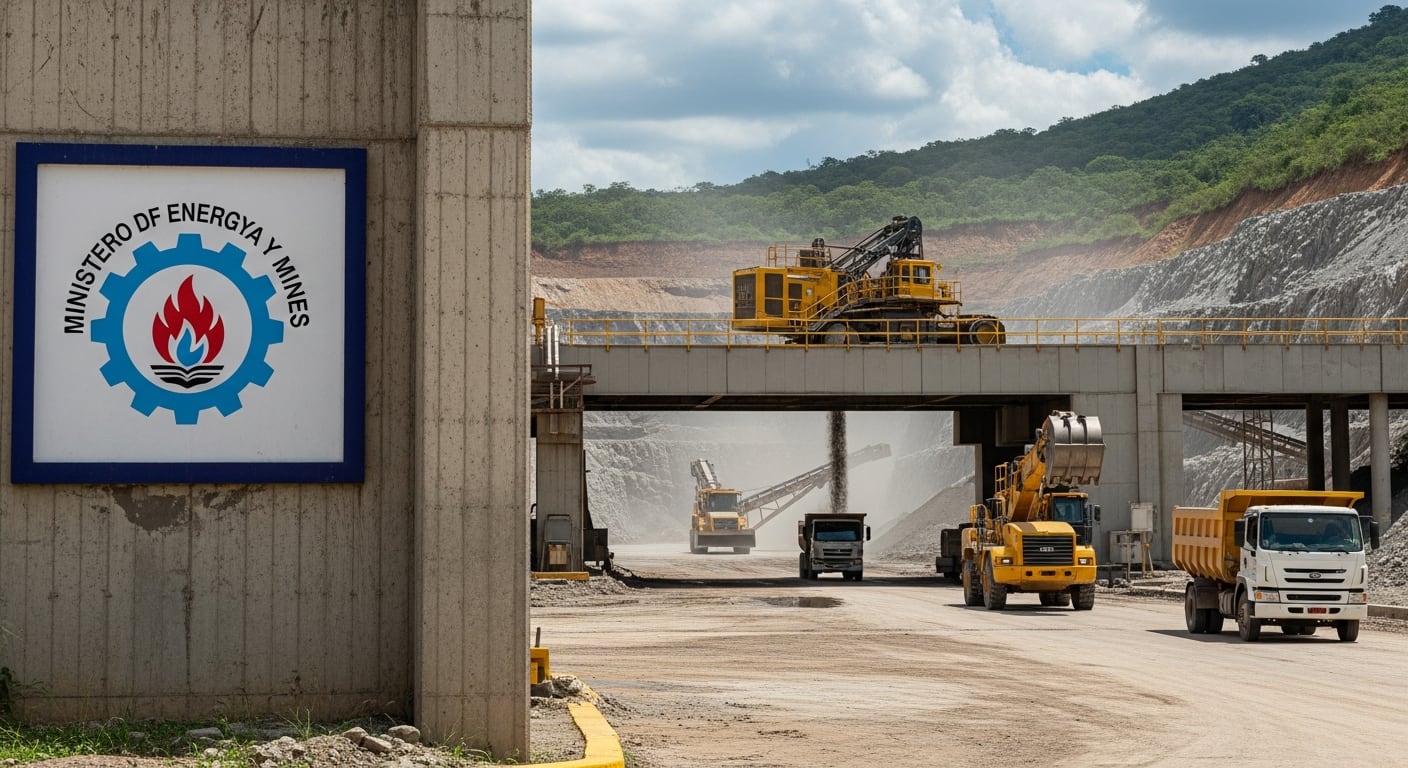 La entrada a una mina a cielo abierto en República Dominicana muestra maquinaria industrial pesada y el logotipo del Ministerio de Energía y Minas sobre una pared de hormigón. (Imagen Ilustrativa Infobae)
