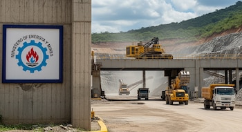Letrero del Ministerio de Energía y Minas en pared de hormigón, excavadora amarilla, camiones de volteo, banda transportadora, mina a cielo abierto, cielo nublado.