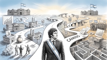 Ilustración de Javier Milei con la banda presidencial frente a caminos con fábricas, manifestaciones, gráficos financieros y un laberinto.