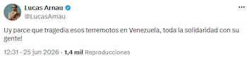 Lucas Arnau manifestó solidaridad con Venezuela tras los terremotos - crédito @LucasArnau/X