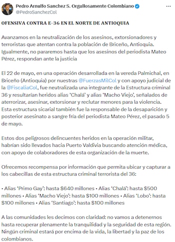 El ministro de Defensa, Pedro Sánchez, aseguró que continuará la ofensiva contra las disidencias en Antioquia. - crédito @PedroSanchezCol/X