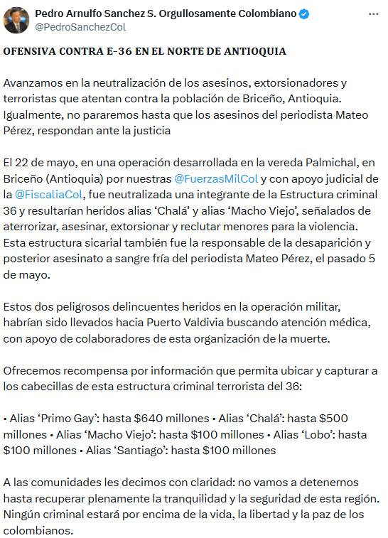 El ministro de Defensa, Pedro Sánchez, aseguró que continuará la ofensiva contra las disidencias en Antioquia. - crédito @PedroSanchezCol/X