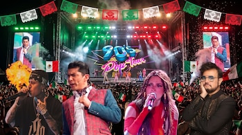 Fotomontaje de cuatro cantantes ante un escenario iluminado con el letrero de 90's Pop Tour, banderas de México y papel picado.