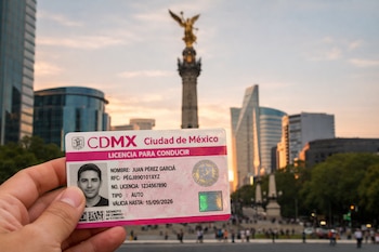 Mano sosteniendo una licencia de conducir rosa de CDMX con foto y texto legible; al fondo, el Ángel de la Independencia y edificios altos al atardecer.