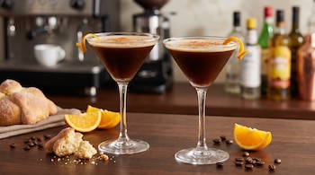 Dos copas de martini con una bebida oscura, trozos de pan de muerto, gajos de naranja y granos de café sobre una mesa de madera.