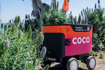 Primer plano de un robot de delivery Coco naranja y rosa, con ruedas y una bandera naranja, rodeado de plantas con flores moradas bajo un cielo azul claro