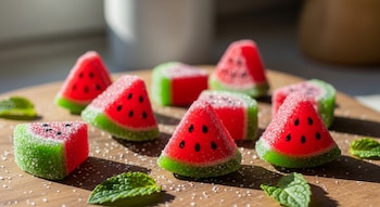 Varias gomitas de sandía rojas y verdes, cubiertas de azúcar, esparcidas sobre una tabla de madera con hojas de menta fresca y cristales de azúcar.
