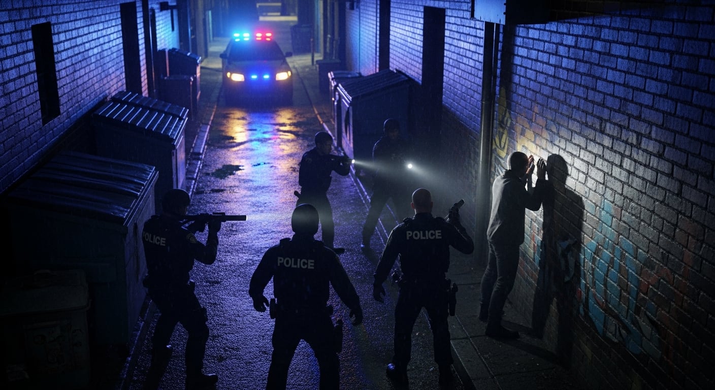Agentes de policía detienen a un sospechoso contra una pared de ladrillo en un oscuro callejón durante un operativo nocturno, con un coche patrulla de fondo. (Imagen Ilustrativa Infobae)