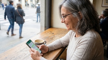 Mujer de mediana edad con cabello gris y gafas sonríe al leer un mensaje de WhatsApp en su teléfono, sentada en una mesa de café. Una taza de café y gente en la calle de fondo.
