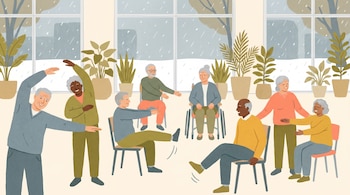 Ilustración de un grupo diverso de adultos mayores haciendo ejercicios suaves, algunos de pie, otros sentados, en un salón luminoso con ventanas y plantas.