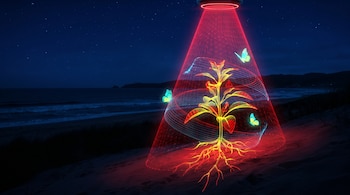 Haz de luz cónico rojo sobre una planta luminosa con raíces en una duna junto al mar, rodeada de mariposas brillantes bajo un cielo nocturno.