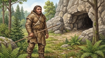 Hombre vestido con pieles que sostiene una lanza de madera y piedra, frente a una cueva rodeada de rocas, helechos y árboles.