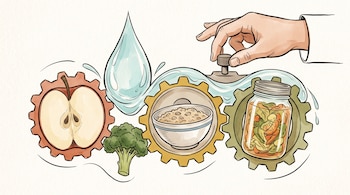 Ilustración de engranajes con una manzana, avena y un frasco de conserva, junto a un brócoli, una gota de agua y una mano sobre una perilla.