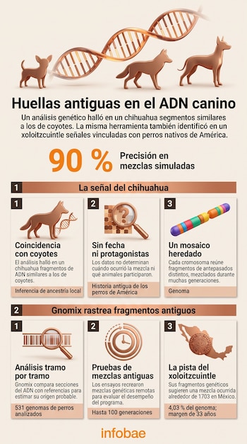 Infografía con siluetas de perros, una cadena de ADN, una lupa, un cromosoma, el mapa de México, el logotipo de Infobae y varios bloques de texto.