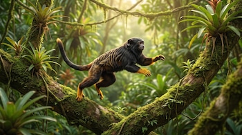 Un pequeño primate negro con manos doradas salta entre ramas con musgo y plantas epífitas en un entorno forestal.