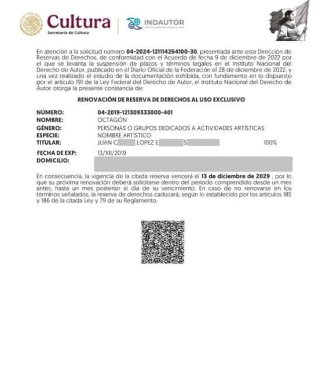 Uno de los documentos que exhibió Octagón resaltando que él es el dueño del nombre. (Instagram / octagon_real)