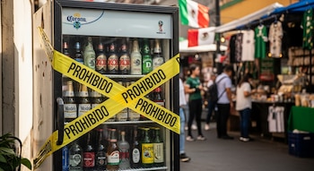 Refrigerador comercial con botellas de bebidas alcohólicas sellado con cinta amarilla que dice "PROHIBIDO". Al fondo se ven personas y banderas de México.