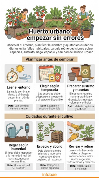Infografía con ilustraciones de plantas, macetas, regadera, calendario y compost, junto con consejos para el cultivo en un huerto urbano.