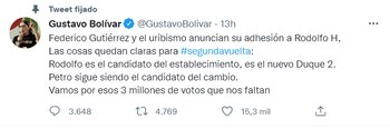 Gustavo Bolívar tras anuncio de Federico Gutiérrez de apoyar a Rodolfo Hernández. Captura de pantalla