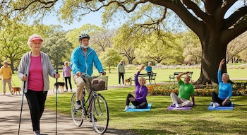Un grupo de personas mayores realiza actividades al aire libre: caminar con bastones, andar en bicicleta y practicar yoga en un parque verde con árboles.