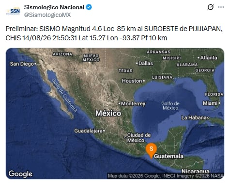 Sismo de 4.6 en Pijijiapan, Chiapas este 14 de agosto. (X/ @SismologicoMX)