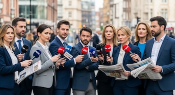 Un grupo diverso de periodistas, hombres y mujeres, se encuentra en una calle urbana, sosteniendo micrófonos con logos de medios y periódicos.