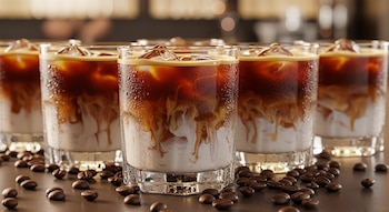 Varios vasos de café frío con hielo y leche se alinean sobre una barra con gotas de condensación, rodeados de granos de café.