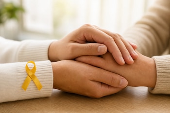 Dos manos sujetándose sobre una mesa de madera clara, con un lazo amarillo prendido en la manga blanca de una de las personas.
