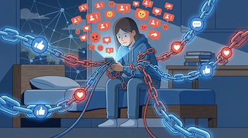 Ilustración de una joven con expresión triste, sentada en una cama oscura, mirando un smartphone. Cadenas con íconos de redes sociales la atan.