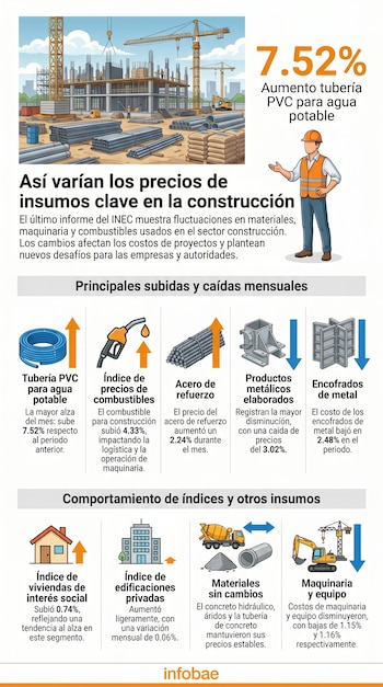 Ilustración de un sitio de construcción con grúas y materiales; muestra infografía de variaciones de precios de insumos como tubería PVC, combustibles y acero.