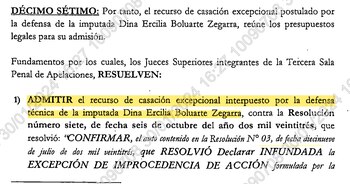 Admiten casación de Boluarte en