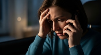 Primer plano de una mujer de cabello castaño corto, suéter azul, con una mano en la frente y un teléfono negro en la oreja, mostrando expresión de preocupación.